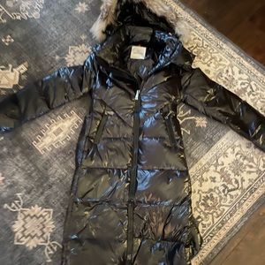 Long Moncler black puffer with fur hood